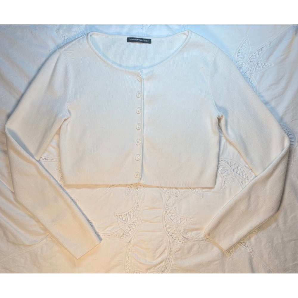 Brandy Melville White Cropped Cardigan Ribbed Button Front Long Sleeve